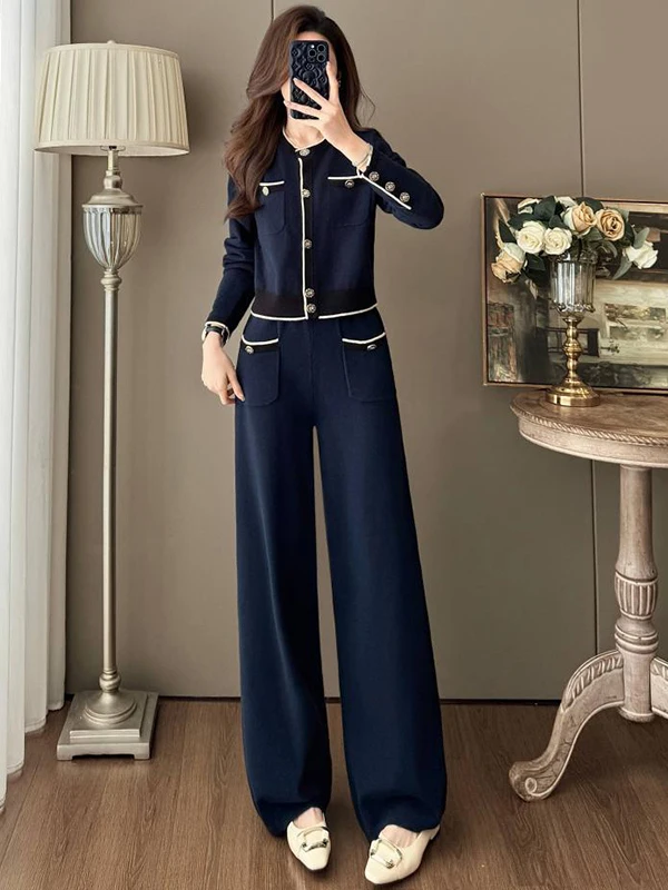 

Elegant Fashionable High-End Women's Set Winter Style Small Fragrance Wind Top Wide Leg Pants Two-Piece Set round Neck Long S...