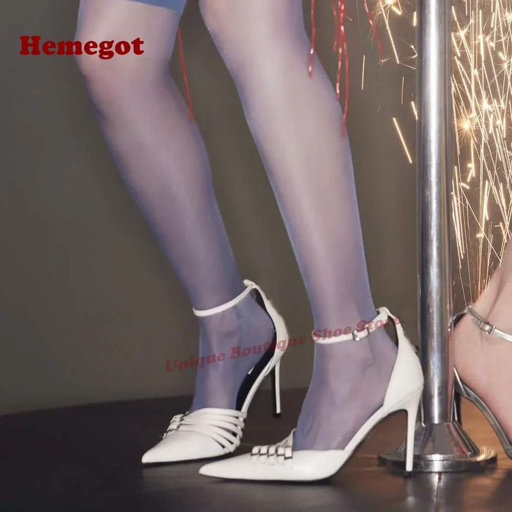 

White Multi-Buckled Sandals Pointy Toe Glossy Stiletto Heels Women's Sandals Ankle Strap Summer Runway Party Shoes 2025 New Sexy