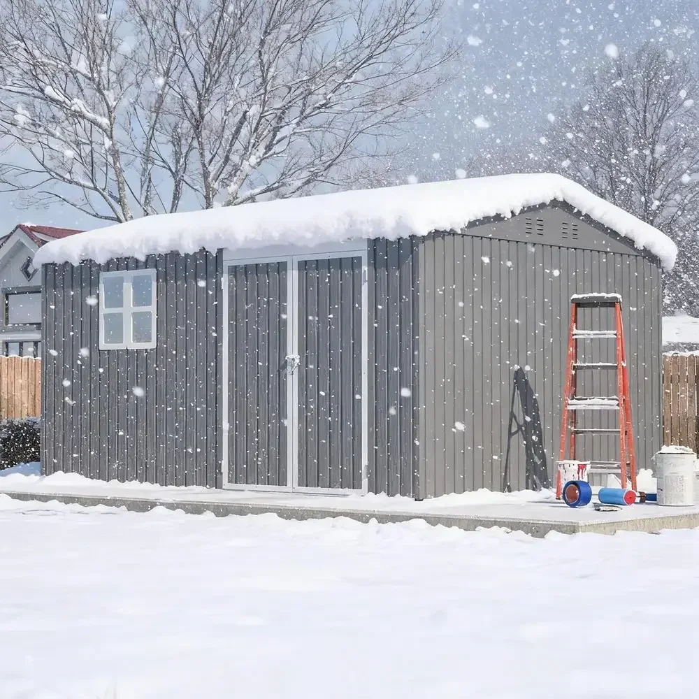 

Large Grey Outdoor Storage Shed with Floor, Windows, and Lockable Door for Garden and Patio