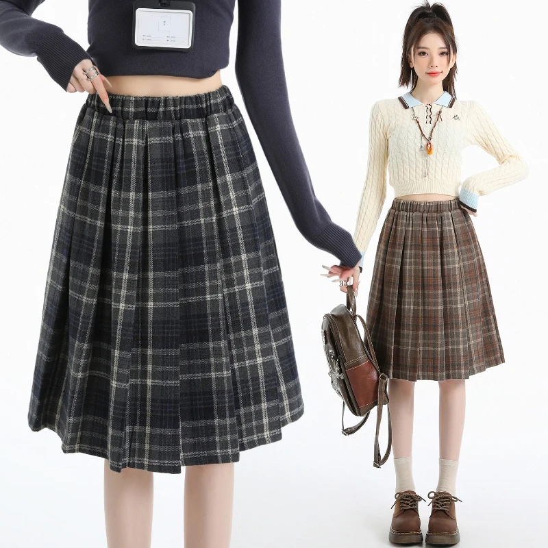 

Preppy Style Woolen Pleated Plaid Skirt Women Fall Winter Retro Elastic High Waist Skirts Female Japanese A Line Faldas 2025 New