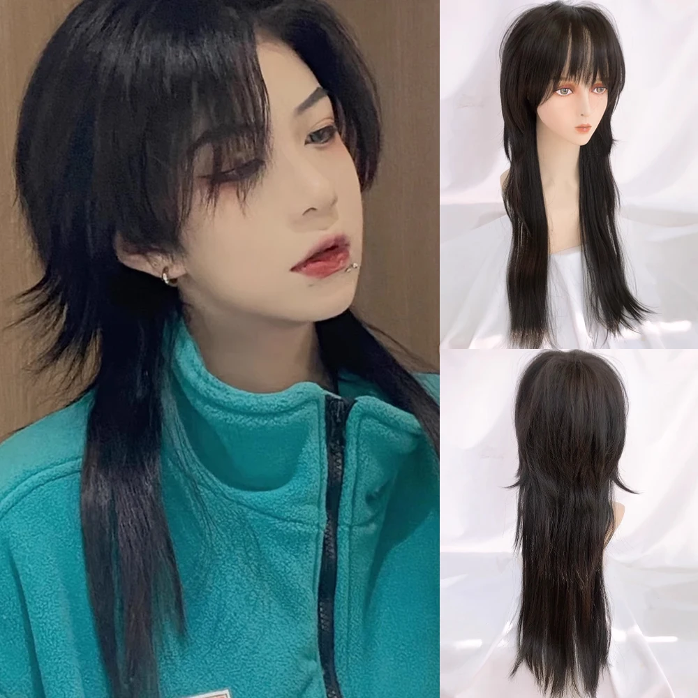 Long Synthetic Straight Black Mullet Head Wigs with Bangs Fluffy Nature Men Women Anime Cosplay Hair Wig for Daily Party