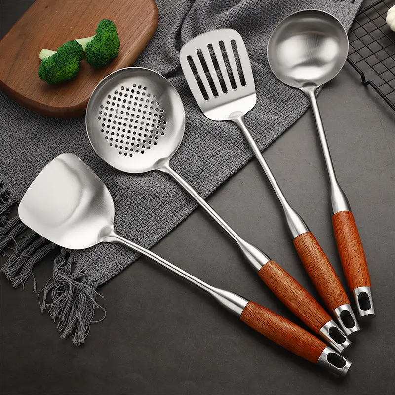 Thickened Stainless Steel Wooden Handle Spatula Soup Cooking  Frying Shovel Anti-Scald Colander Integrated Kitchen Utensils