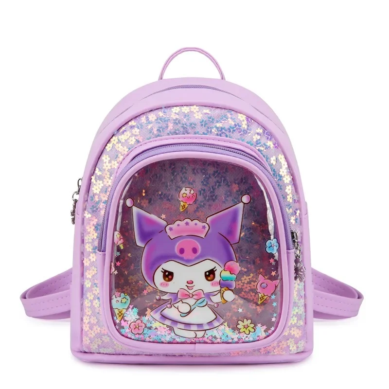 

Sanrio Children's Pu Backpack Kindergarten Girl Cute Cartoon Schoolbag Kuromi Kawai Girl Quicksand Small Backpack Princess Style