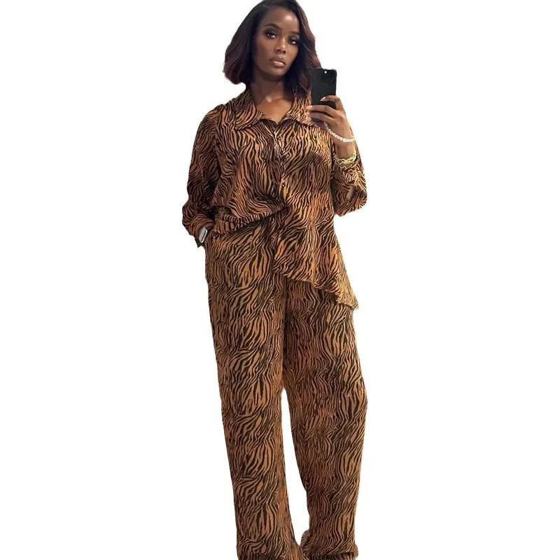 Africano verão nova moda feminina zebra impresso casual na moda solta 2 peça define turn-down colarinho manga longa calças vintage