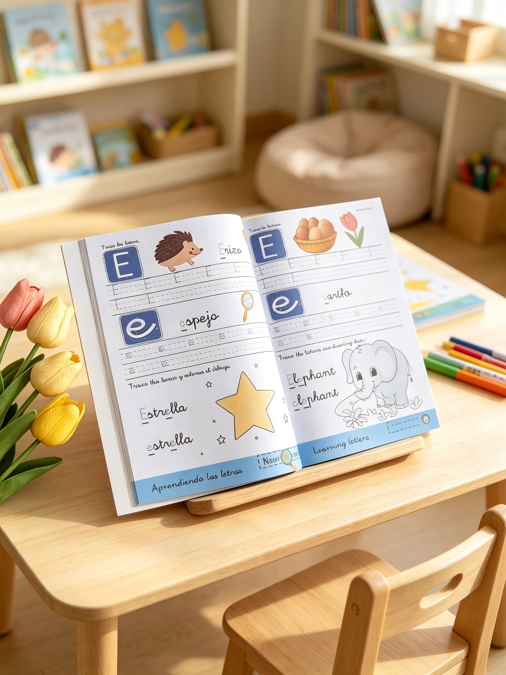 Spanish/English A-Z alphabet writing and coloring book, early bilingual education workbook, improves cognition and memory.