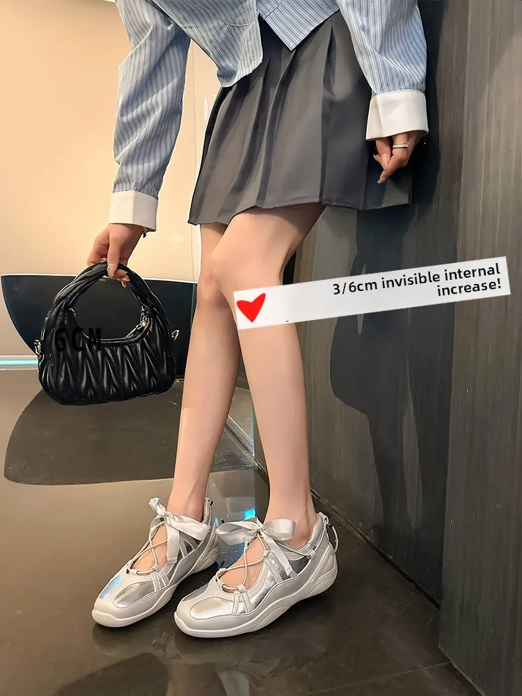 

Серебряный узло с круглой головкой Ballet Mary Jane oes Thi Bot Spor Faionable Inner Heightening Leather Slip-On Wom...