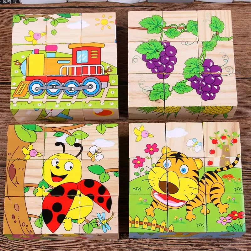 Baby Wooden Blocks Toys Cartoon Animal Six Side Cube Jigsaw Puzzles Game Montessori Educational Toys for Children Gifts