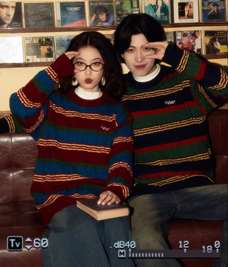 Autumn Winter New Retro Style Men's Red Yellow Spliced Knit Sweater Couple Outfit Loose Casual Green Black Striped Sweater