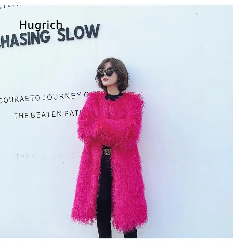 European and American style faux fur sheep lamb fuzzy coat for women extra length unique overcoat fashionable warm outerwear fo