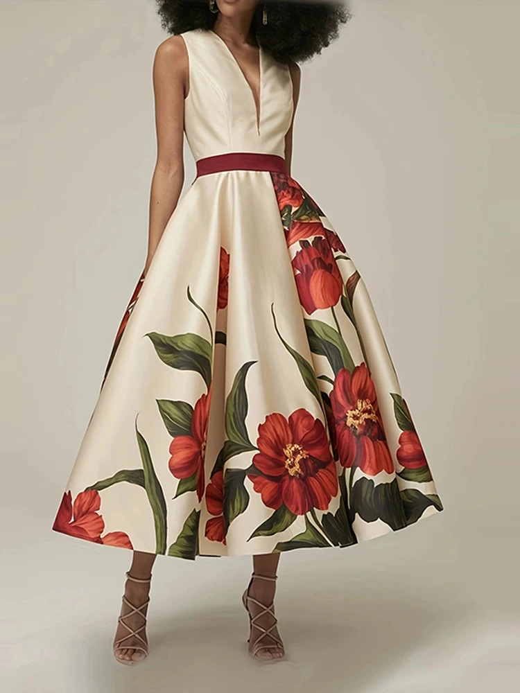Vintage Floral Print Sleeveless Evening Dress Temperament V-Neck Backless Big Swing Dress Chic Color Blocking Off Shoulder Dress