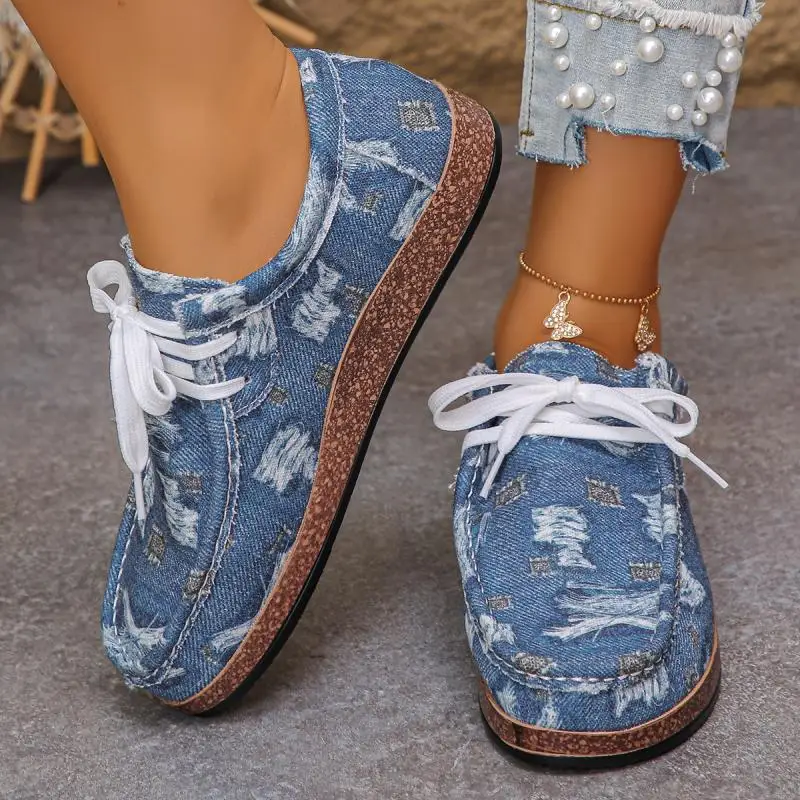 Brand Design Denim Lace Up Canvas Shoes Women 2026 Autumn Comfort Non Slip Flats Sneakers Plus Size Woman's Casual Driving Shoes image 3