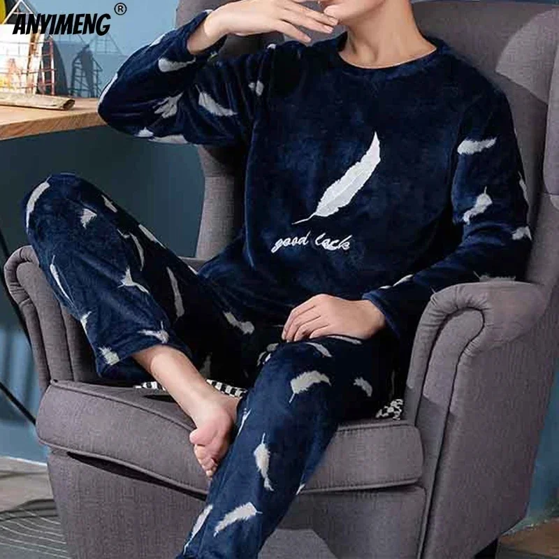 SUKAE Winter Men's Pajamas Set Elegant Feather Printind Vevlet Thermal Sleepwear Casual Long Sleeves Nightwear for Male Pj Sets