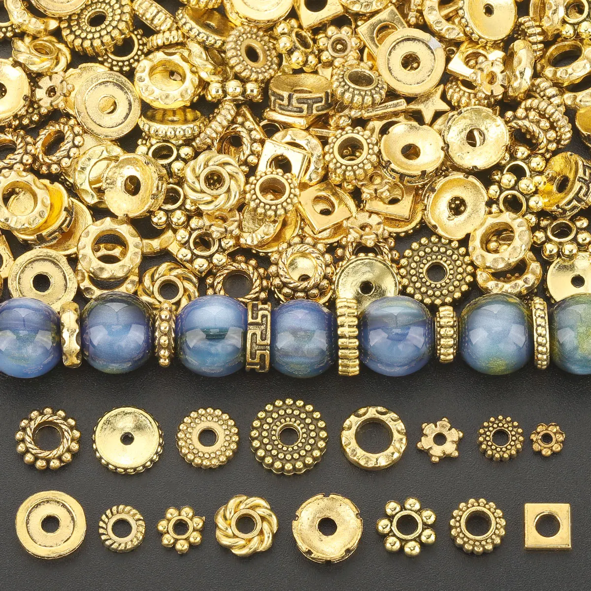 50/100 Pieces Randomly Mixed Styles. Alloy Round Spacers. Suitable for DIY Necklace, Bracelet and Pendant Decoration Making.