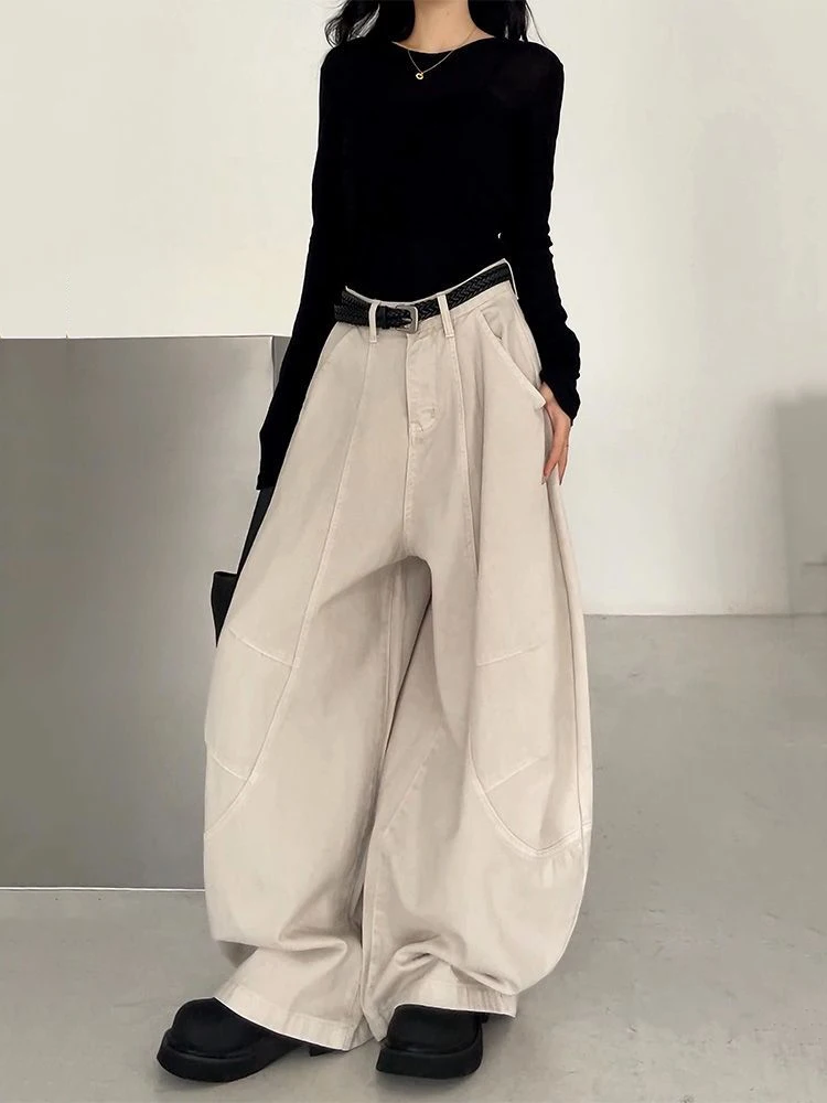 Cut structure curved knife jeans women in autumn 2025 new washable versatile high street retro loose wide leg pants