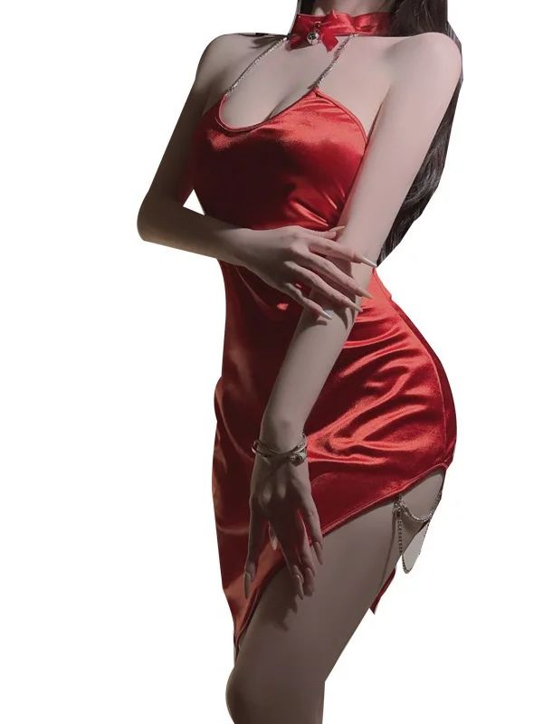 Hanging Sexy Backless Neck Chain Smooth Slim Uniform Dress Elegant Fashion Sexy Korean Women Mini Dress 2024 New Bandage 926W