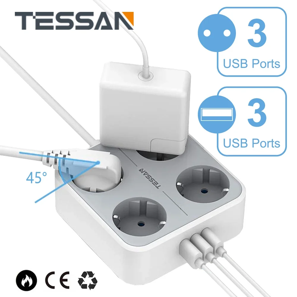 TESSAN EU 플러그 AC 콘센트 멀티탭, 2M 홈 익스텐션 코드 전기 소켓 3/4, USB 포트 2.4A 전화 충전 네트워크 필터