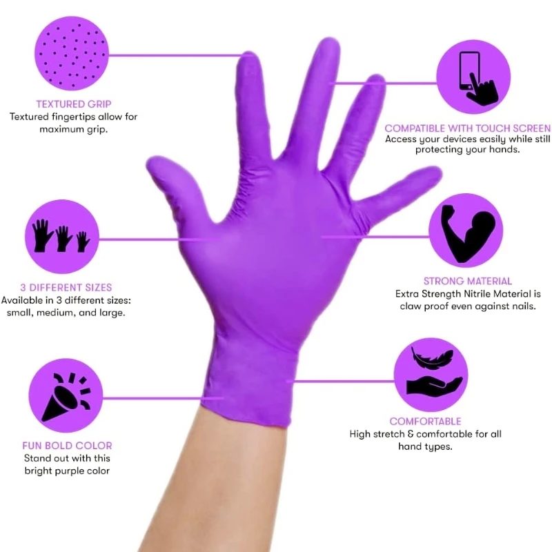 50/100PCS Violet Nitrile Gloves Disposable Purple 5Mil Food Grade Household Gloves for Women Cleaning Gardening Kitchen Gloves