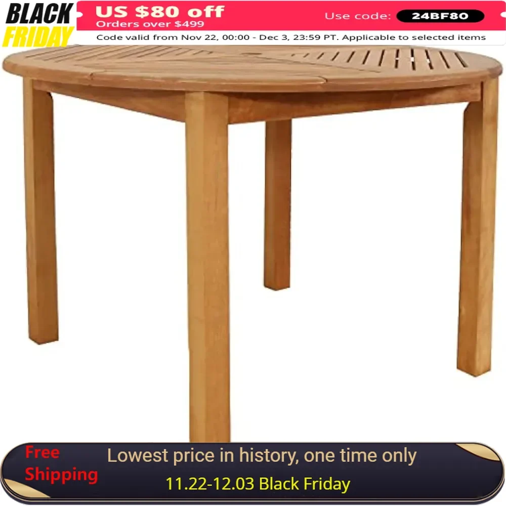 

42-Inch Outdoor Table with Umbrella Hole and Lovely Teak Oil Finish, Round Patio Table