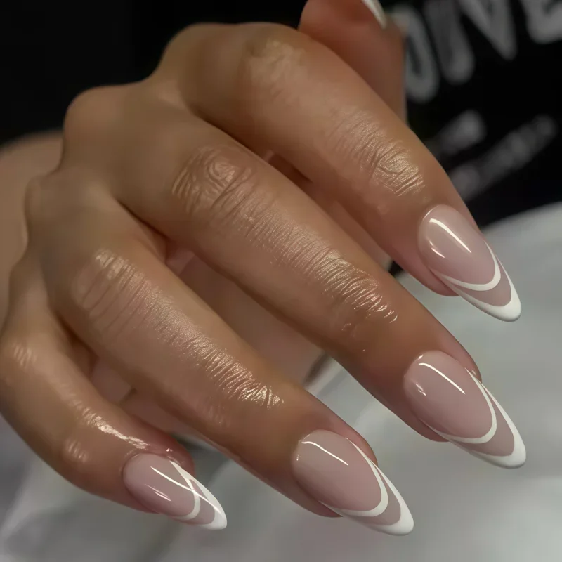 2026 24PCS French tip glossy neutral Bare pink gradient flower almond-shaped matte nails white and black dot artificial nails view 2