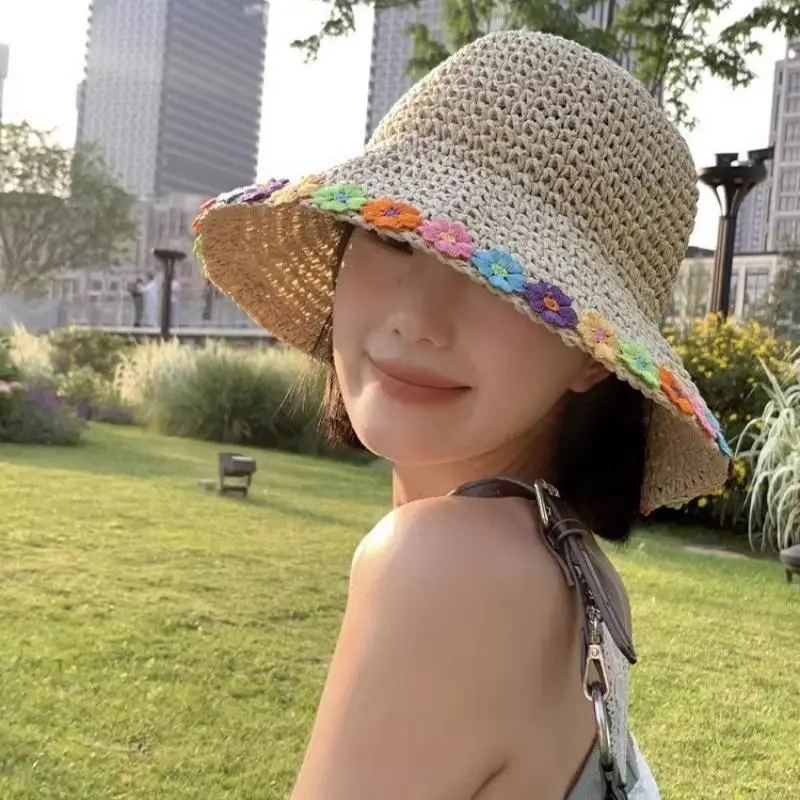 Woven Flower Decoration Fisherman Hat Summer Beach Sun Shading Straw Woven Hat Fresh Girl Leisure Hat Outdoor Sun Protection Hat
