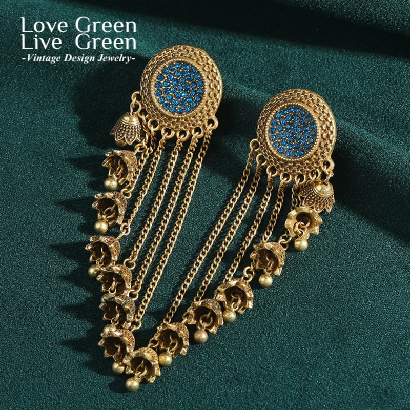 

Large Earrings Vintage Long Blue Rhinestone Flower Tassel Drop Luxury Jewelry Designers Brand Gold Color Wedding Party 2025 New
