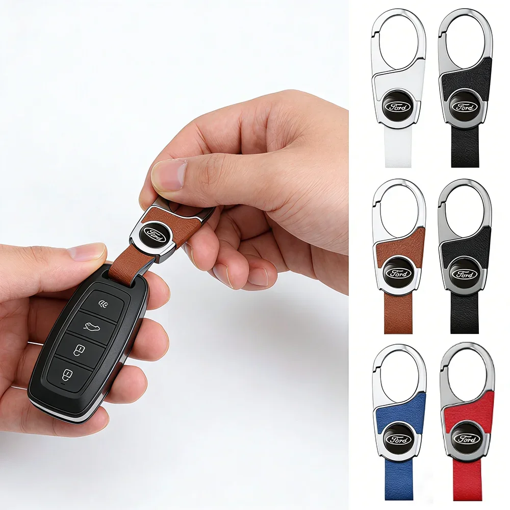 Car Keychain Alloy Leather Key Ring for Ford Badge F-150 Mustang Focus Fiesta Durable Car Key Accessory Gift for Ford Owners