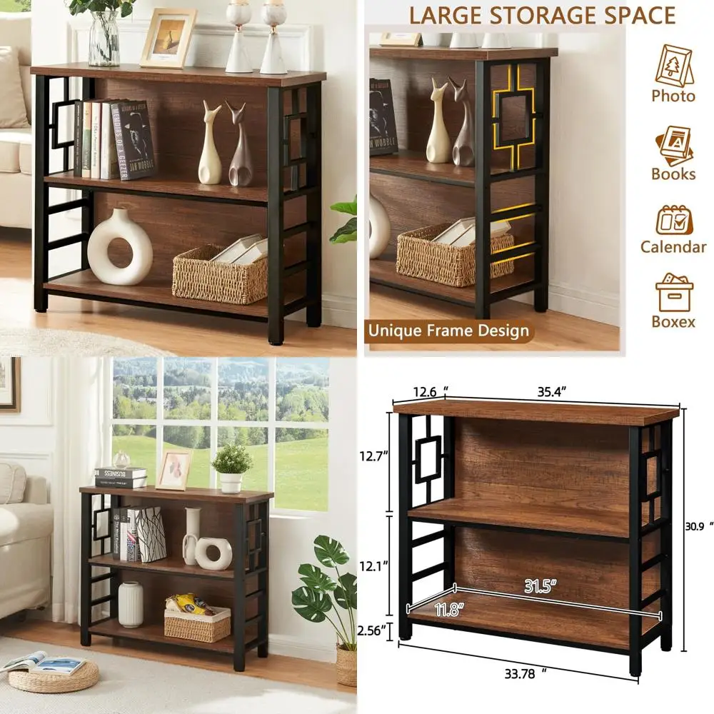 

3-Tier Deep Storage Bookshelf, Engineered Wood and Metal, Compact Low Bookcases for Small Spaces