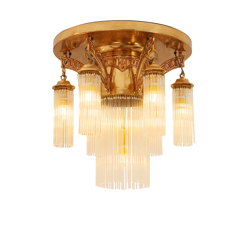 French Copper Crystal Ceiling Lamp Entrance Foyer Dome Lighting European Style Living Room Bedroom Brass Lights