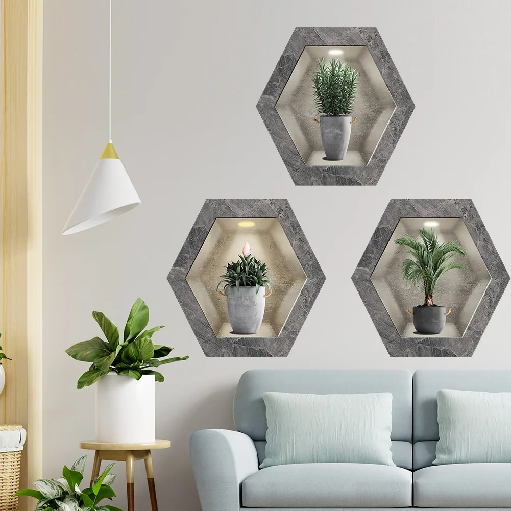 Tropical Green Plants Potted Hexagonal Photo Frame Wall Stickers For Decorating Living Rooms