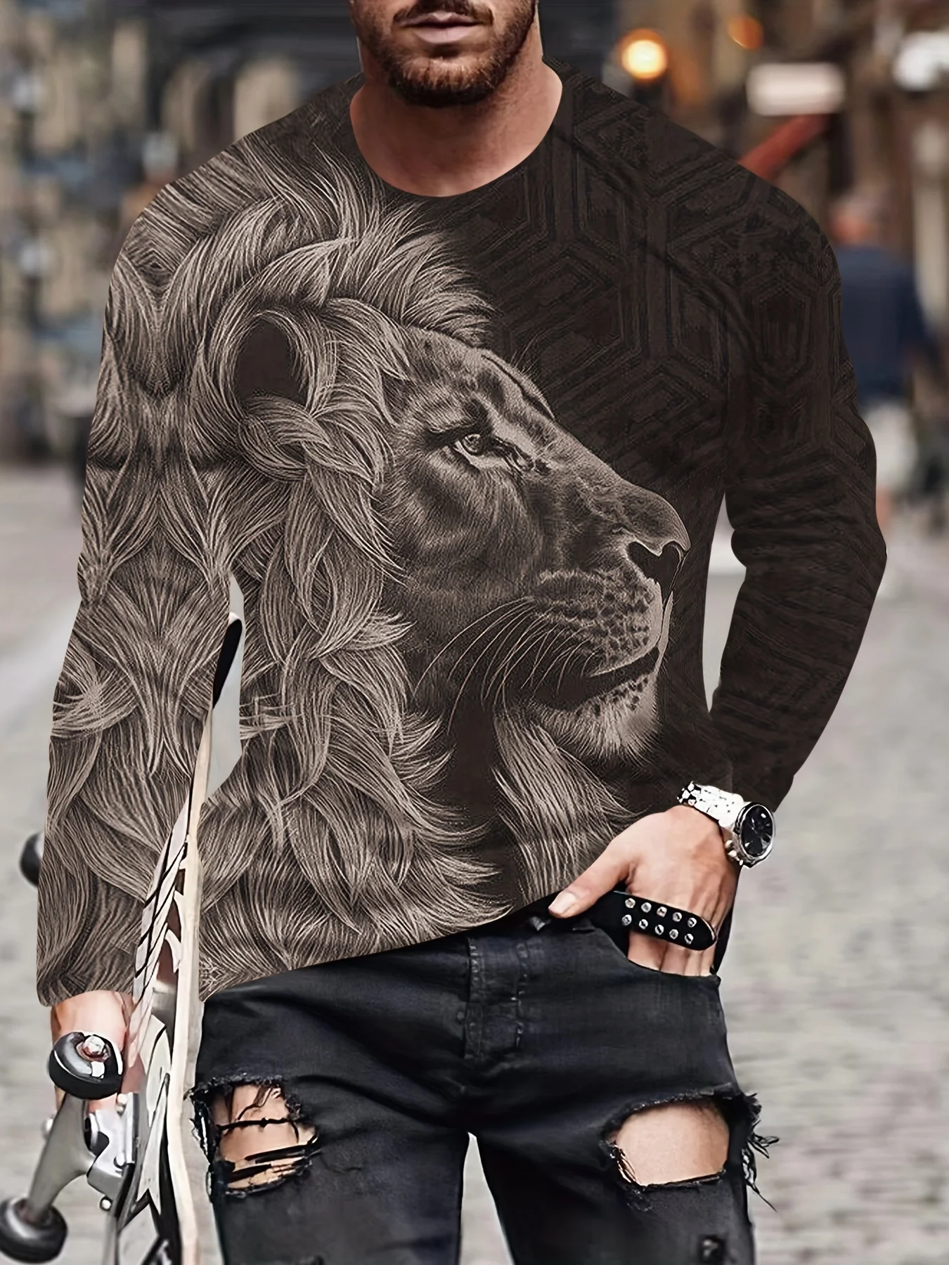 

3d Lion Print Long Sleeved Men's T-Shirt Summer Quick Dry T-Shirt For Men Streetwear Man Clothing Loose Oversized Tee Top Y2K