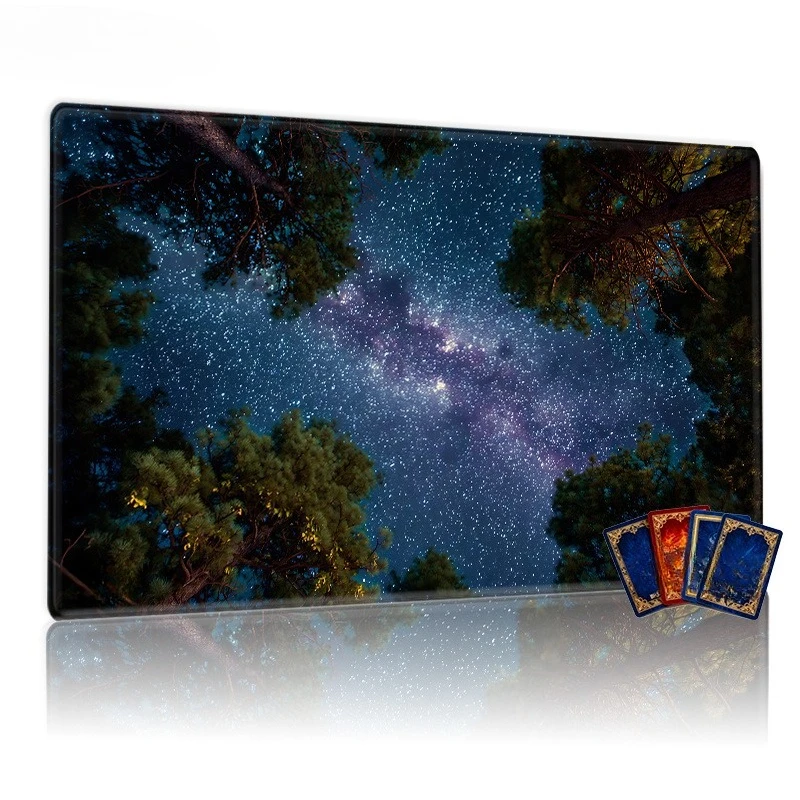 Galaxy Pine Forest Night Sky Game Mat - Embroidered Table Mat Cover with High-Definition Printing, Suitable for TCG Game Mat