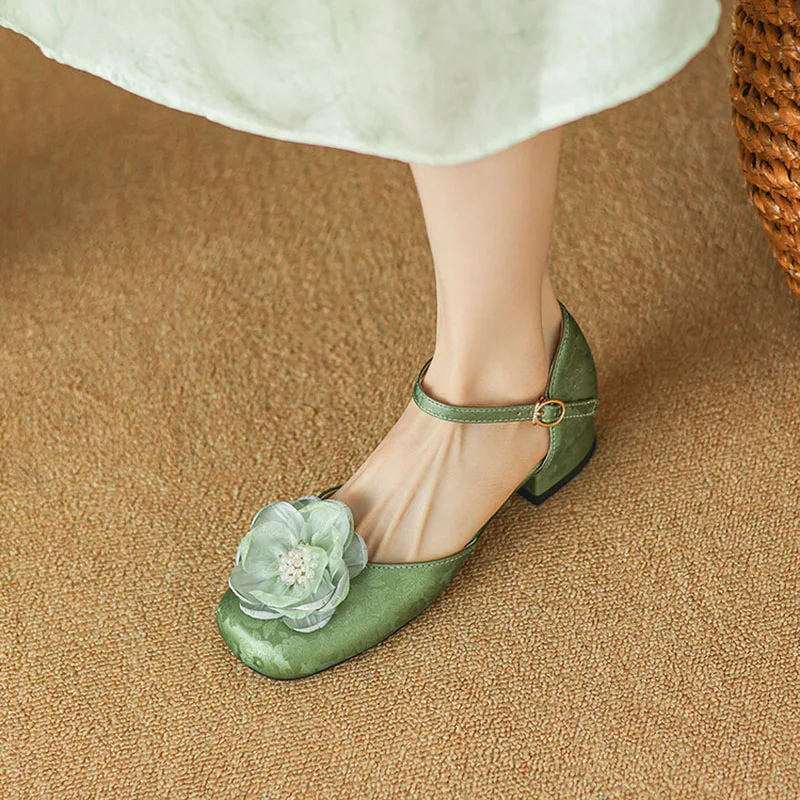 Phoentin Flower Summer Shoes For Women 2024 Green Pumps Low Heels Cross Strap Footwear Plus Size FT3385