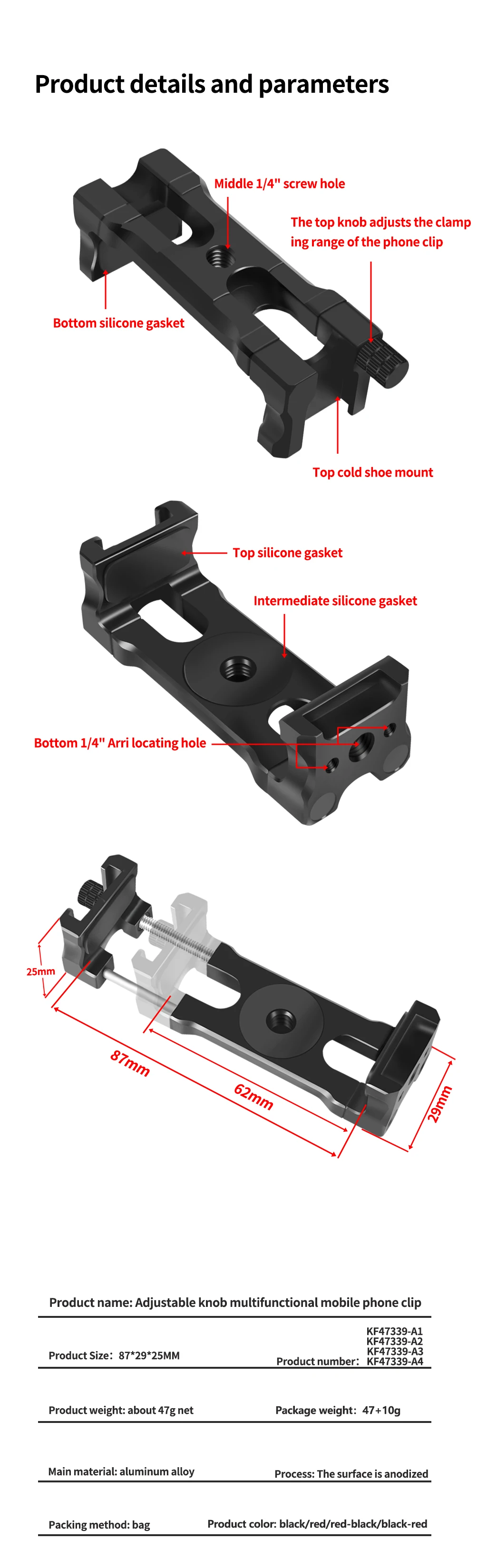 BGNing Handy-Clip-Monitorhalterung aus Aluminiumlegierung mit 1/4-Zoll-Arri-Positionierungsloch, Schnellverschluss für 62–87 mm große Smartphones – Detail 11