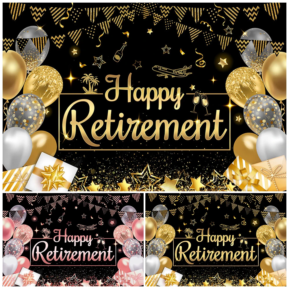 Mocsicka Black Gold Happy Retirement Photography Backdrop Party Decor Banner Balloon Champagne Star Adult Photo Booth Background