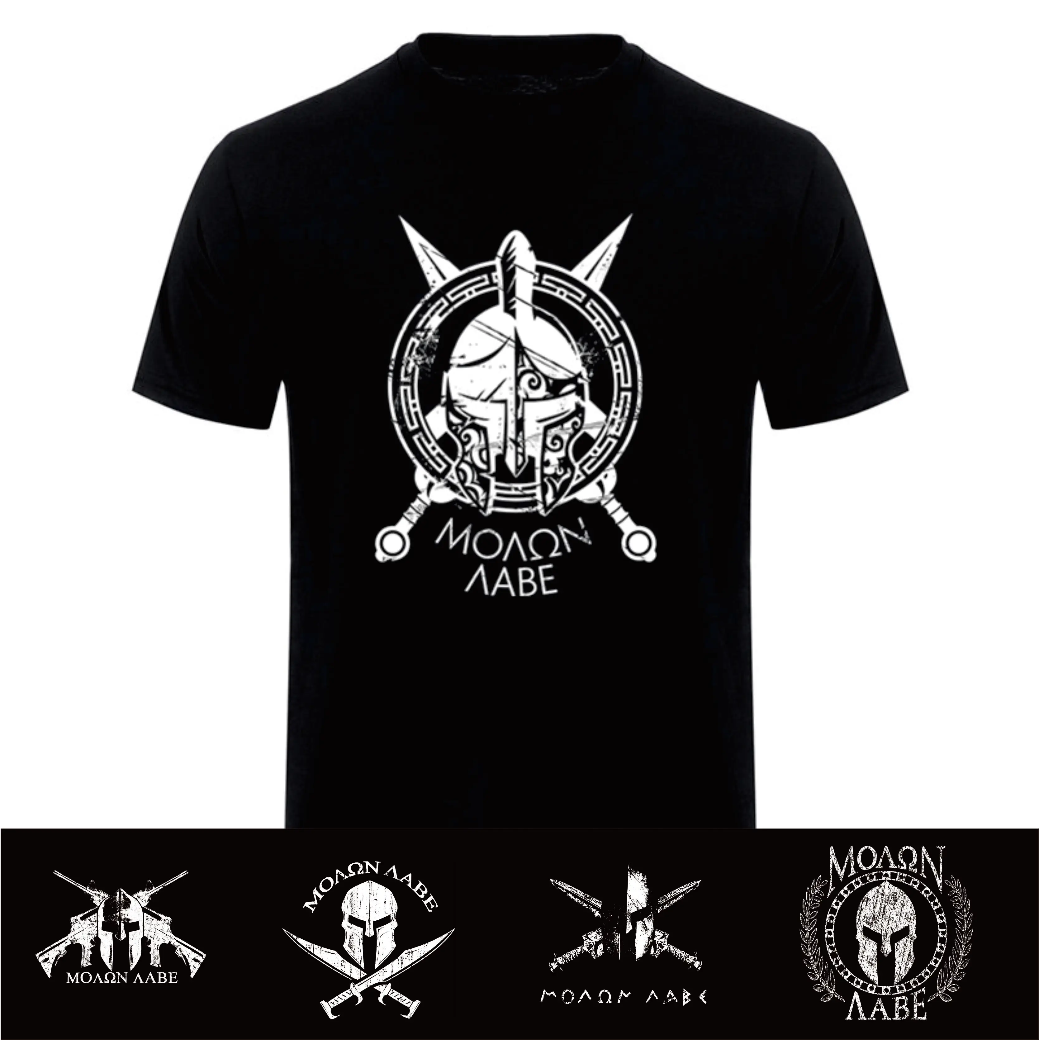 Molon Labe Tshirt Cotton Short Sleeve O-Neck Mens Spartan Warrior T Shirt Spartan Helmet Cross Sword T-Shirt HJ-030