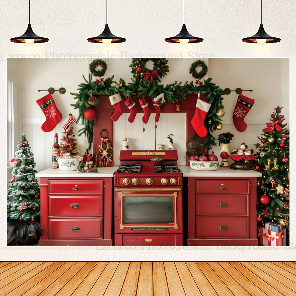 Red and Green Christmas Kitchen Background Photography Winter Vintage Wooden Cabinet Wreath Xmas Tree Backdrop Photo Studio Prop