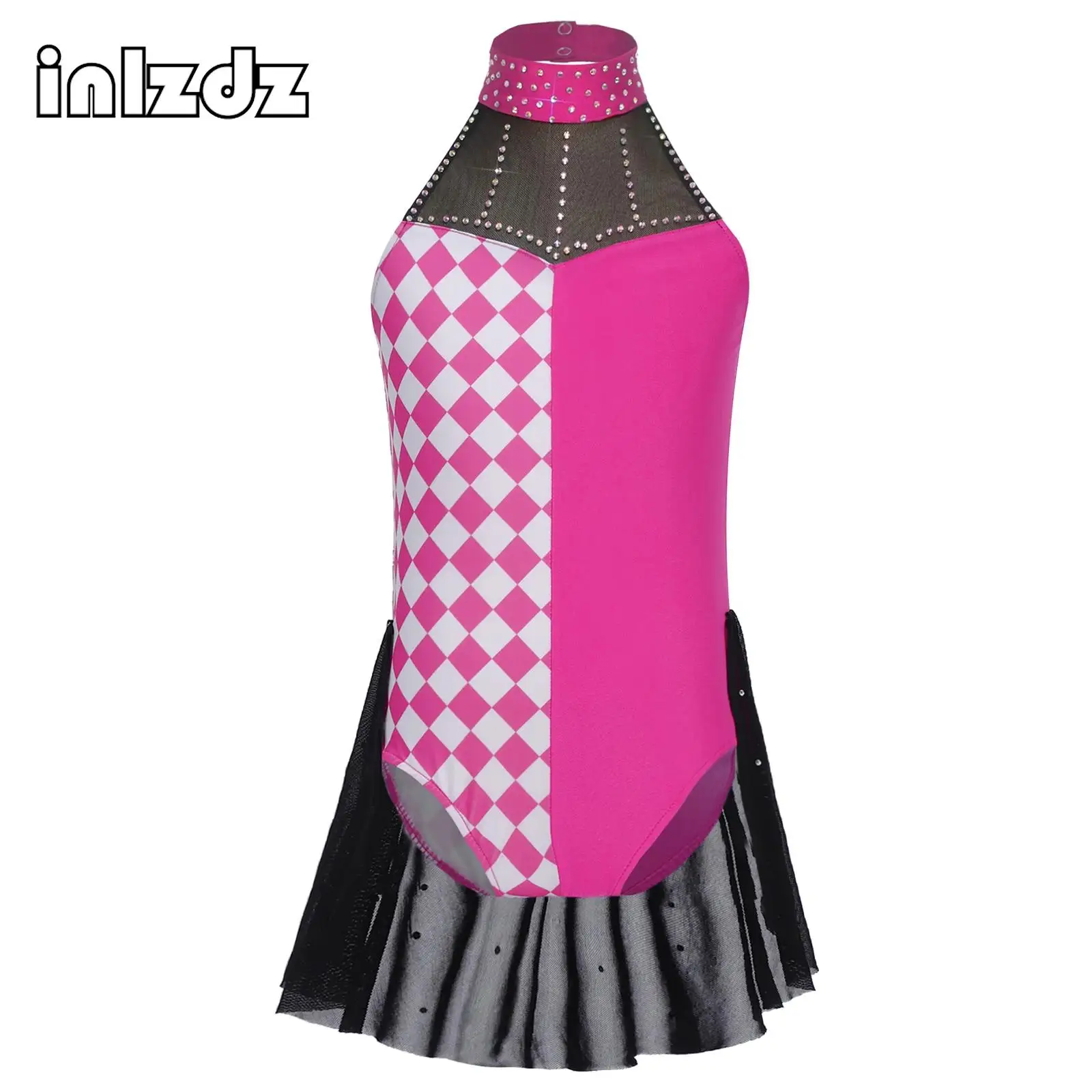 

Girls Clown Cosplay Costume Halloween Themed Party Costume Rhinestone Halter Sleeveless Waist Mesh Overlay Jumpsuit Dancewear