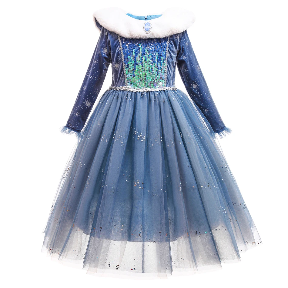 Disney Princess Elsa Dress Autumn Winter Girls Fancy Mesh Snowflake Print Ball Gown For Birthday Carnival Party Christmas Gifts