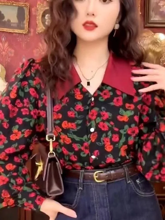 

Retro Hong Kong Sle Long Sve Printed irt Versatile Faionable Design Korean Loose Fit Button up Women's Premium Elega...