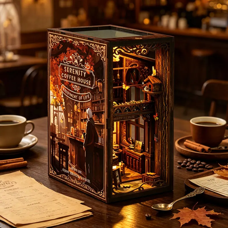 DIY Book Nook Kit 3D Puzzle Assembly Building Model Bookshelf Miniature Dollhouse Bookshelf Insert with LED Light For Xmas Gifts