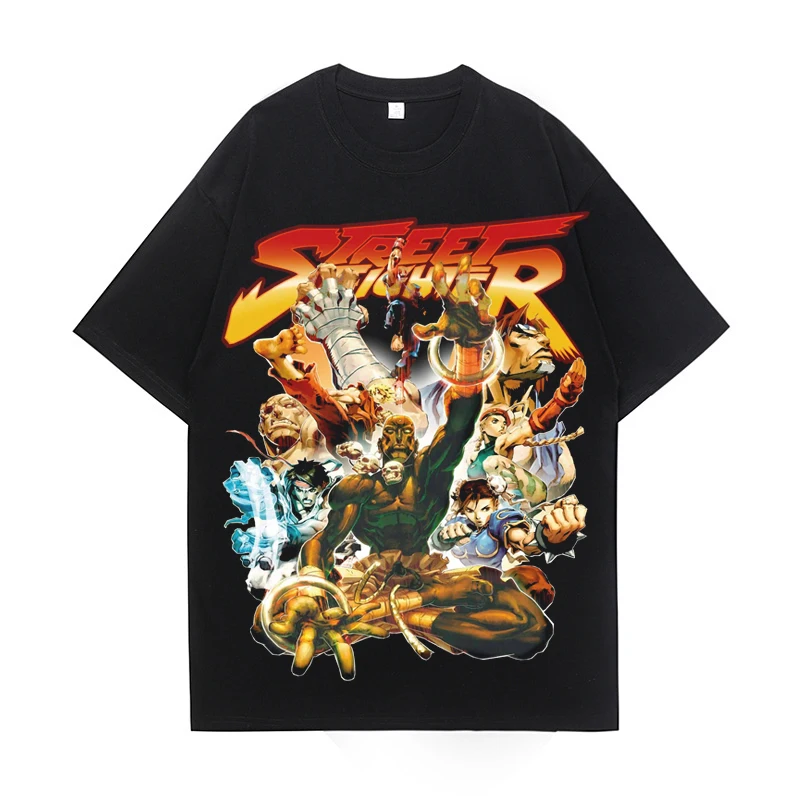 Vintage Washed T-Shirt Street Fighter Mens Hip Hop Oversized Streetwear Short Sleeve Tops Cotton Harajuku Unisex T-Shirt