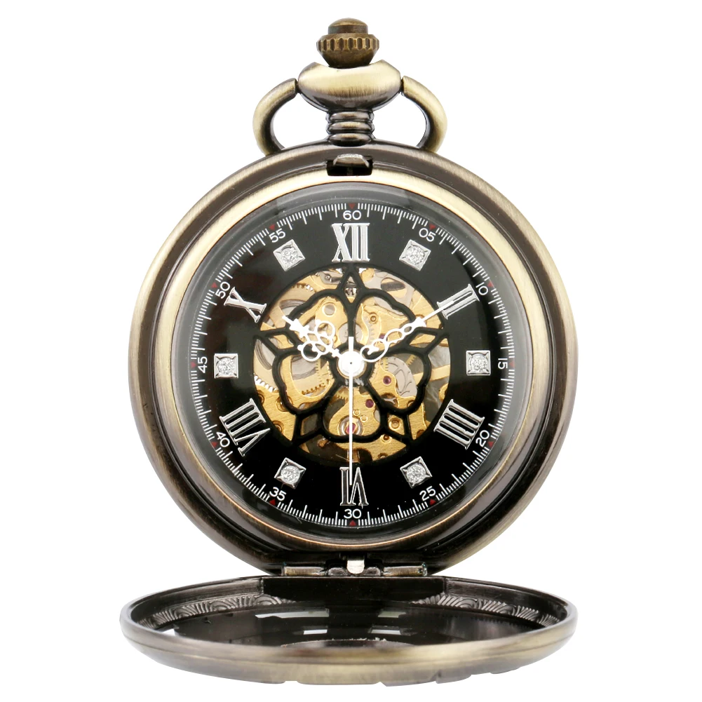Retro Punk Bronze Mechanical Hand Winding Pocket Watch Hollow Gearwheel Design Men's Antique Stylish Fob Chain Timepiece Gift