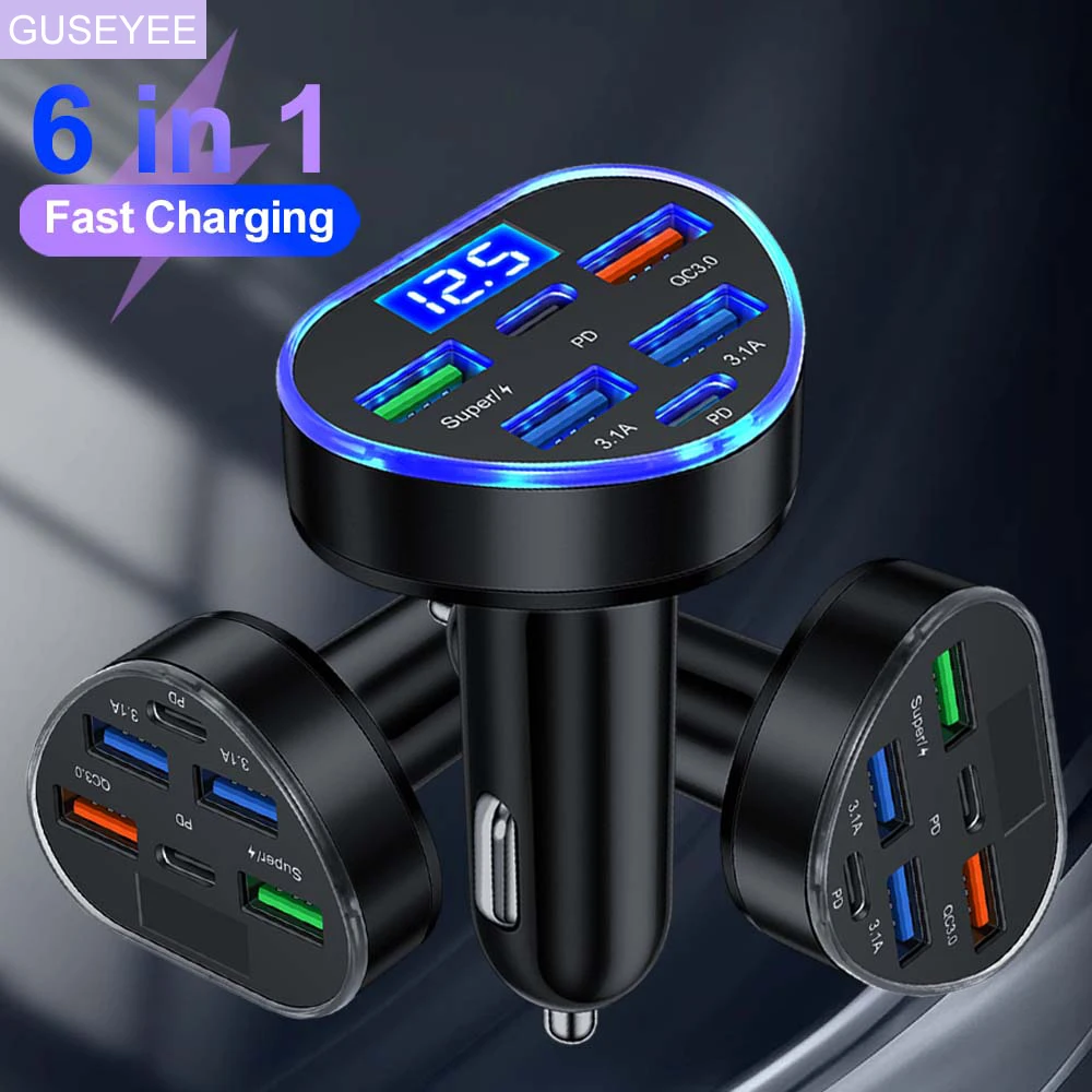 Total 100W 6 Ports Car Charger Fast Charging For IPhone Xiaomi Type C Charger Quick Charge For Samsung Huawei USB Charger In Car