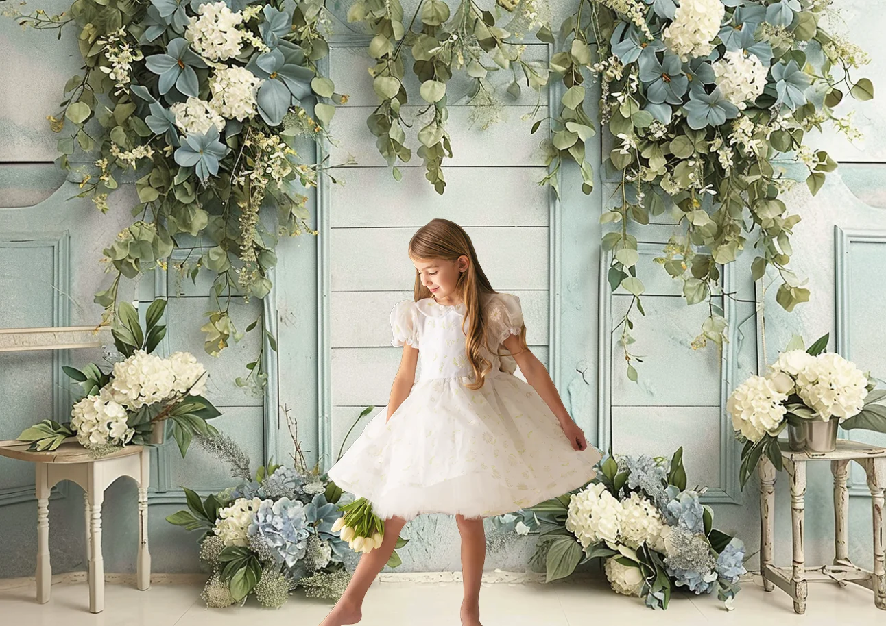 Spring Photography Backdrop Greenery Blue Decorative Pastoral Nostalgia Floral Baby Birthday Portrait Background Photo Studio