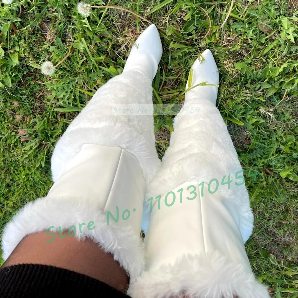 White Fur Wrap Over-knee Boots Women Fashion Winter Fuzzy Pointy High Heels Snow Boots Ladies Black Lace-up Warm Dress Shoes