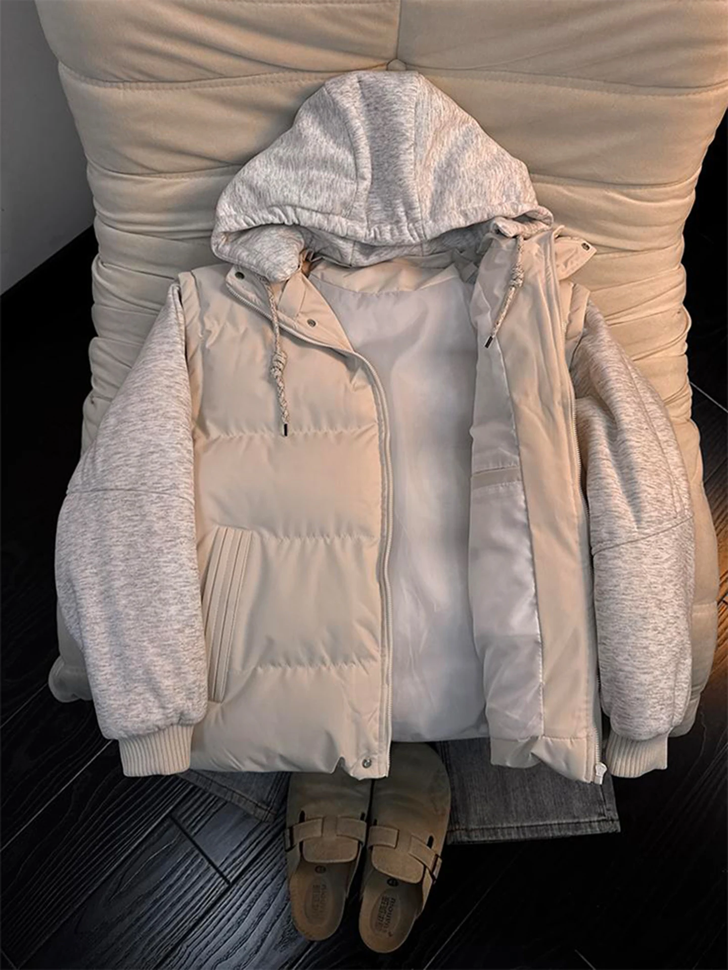 

Thiened Detachable Hooded Cotton Jaet Men's Winter Warm Faionable American Sle Casual Outerwear Polyester Fiber