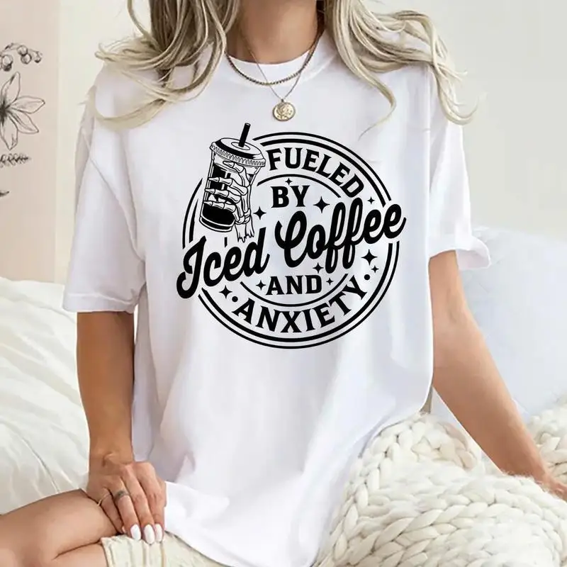 

Iced Coffee and Anxiety T-shirt Women's Funny Graphic Tee Humor Quotes Tops Coffee Lover Gifts Sarcastic T-shirt