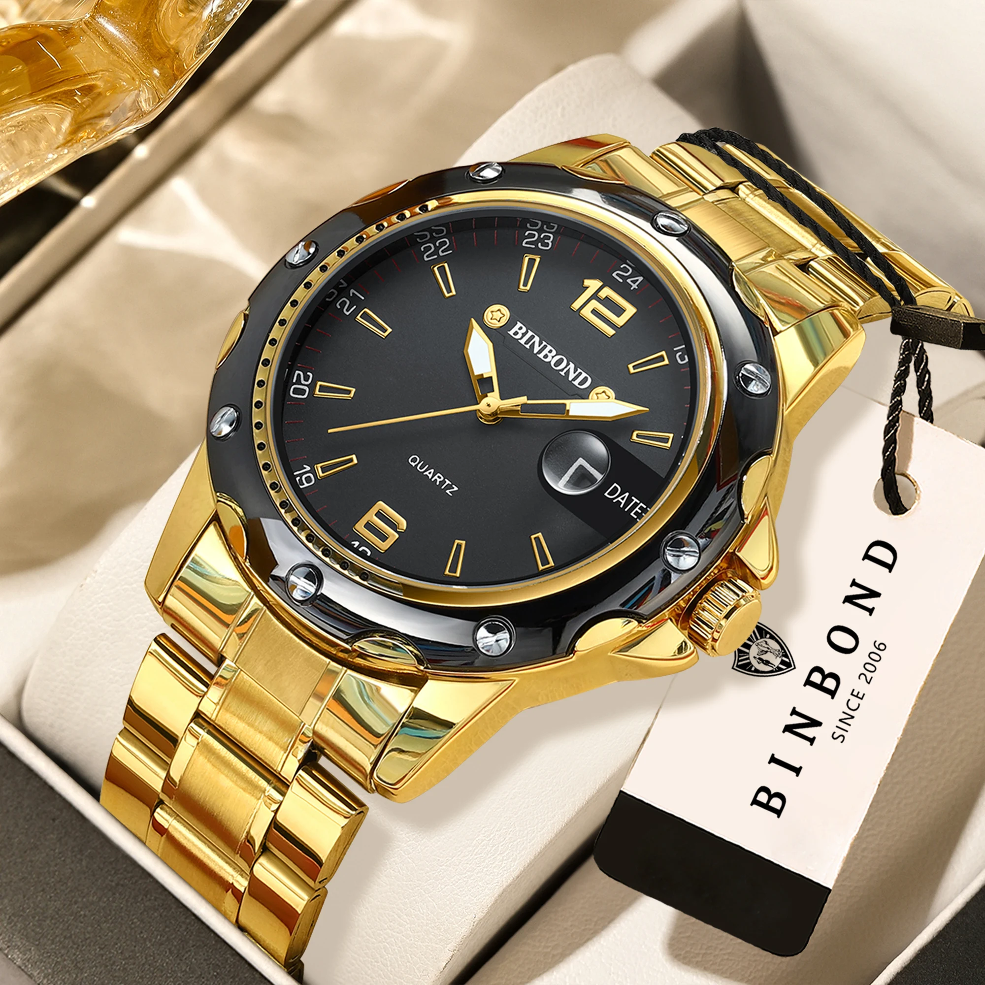 

BINBOND accurate auto date men's watch durable quartz watches for men luxury luminous waterproof casual reloj