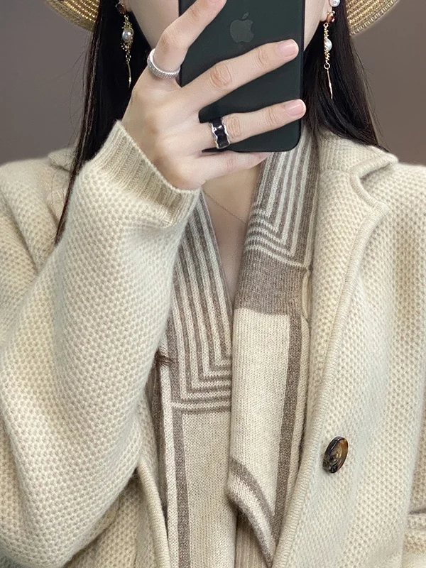 

Thiened шерстяной вязаный кардиган, женский весенне-осенний костюм, свитер с воротником, длинный свеч, обычная длина, застежка на одной пуговице