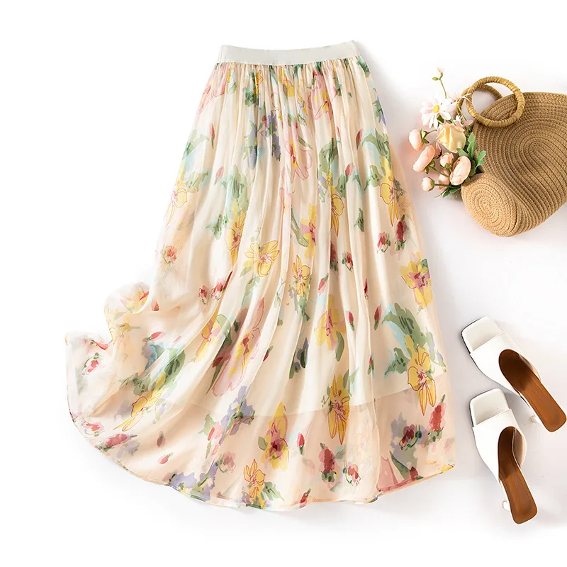 Winsleter- Women 100%Real Silk Elegant Skirts, Elastic Waist Floral Print, Beach Vacation INS A-line Skirt, 2025 Summer B54746CC